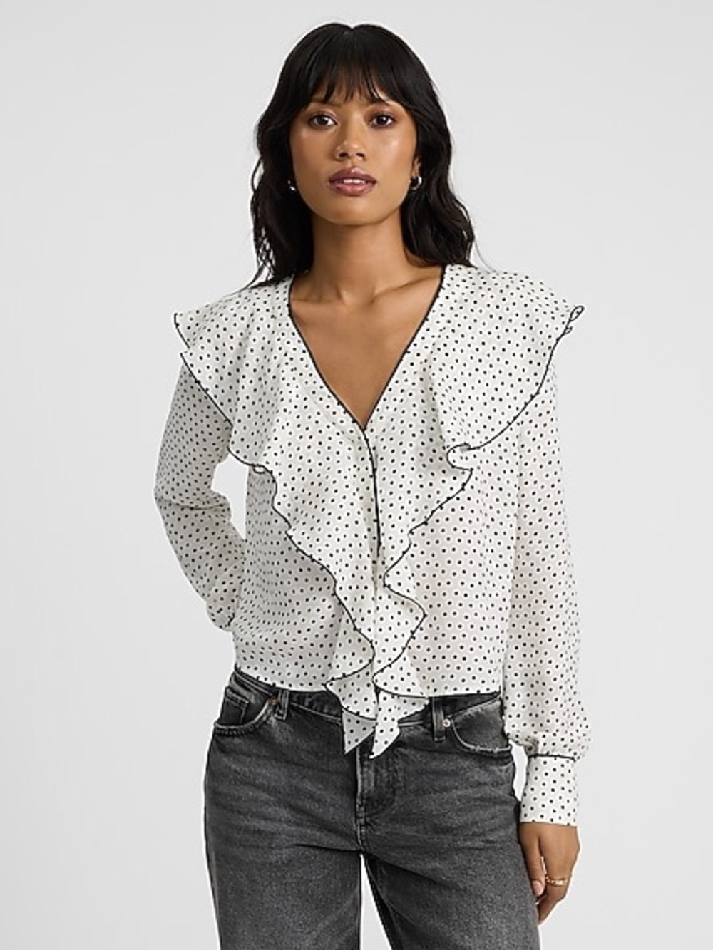 Express Polka Dot Ruffle Front Long Sleeve Top